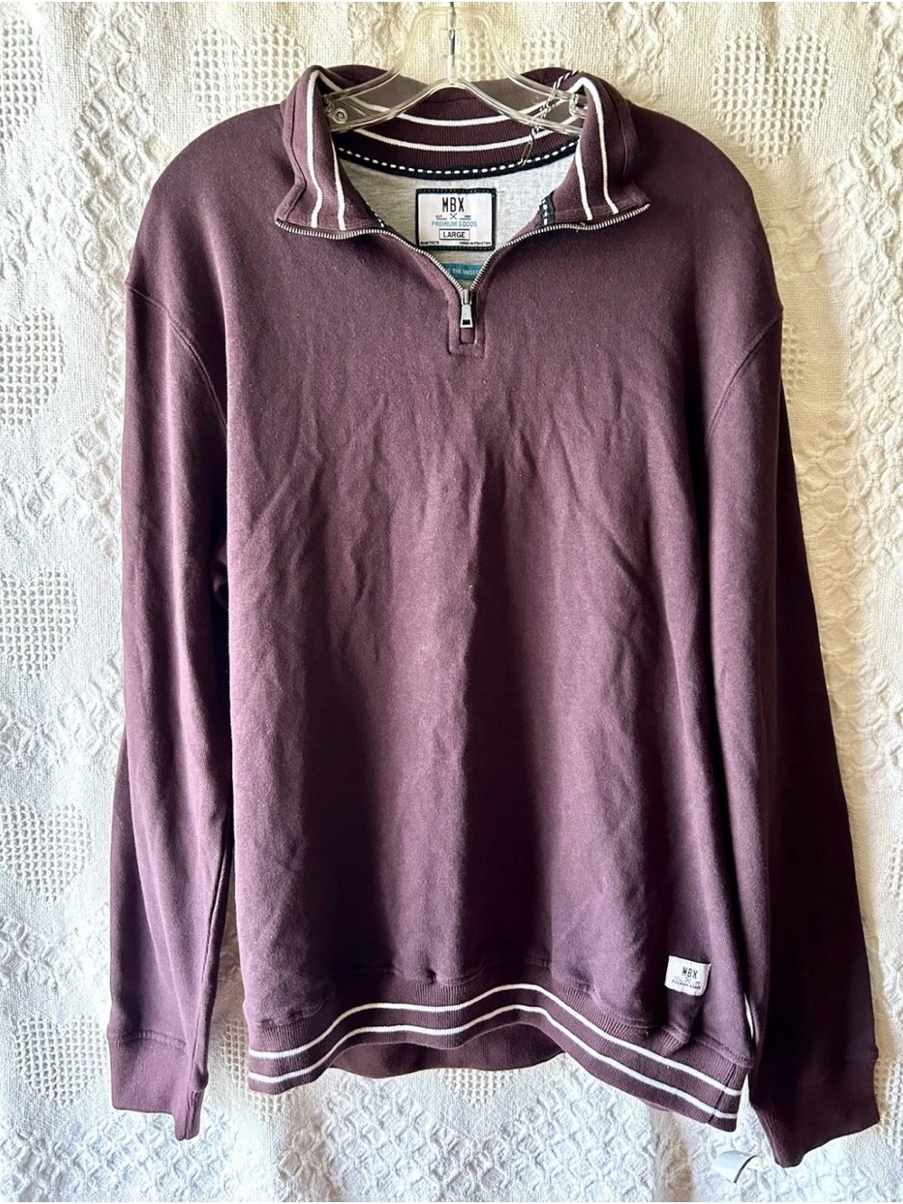 MBX Mens Fleece Quarter Zip Pullover Sweater Large Burgandy Wine White Stripe